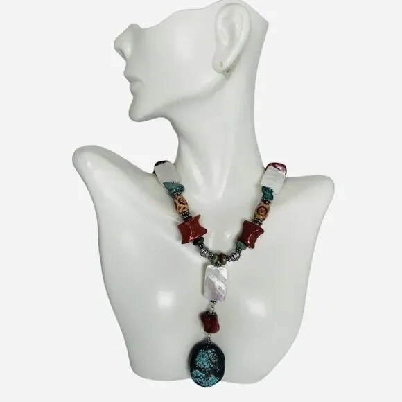 Blue Turquoise Pendant Chunky Necklace 19